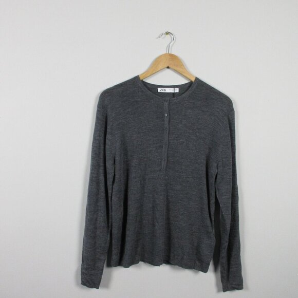Zara Henley Top Sweater Women XL Grey Wool Acrylic Long Sleeve Knit Casual 248 - Picture 1 of 10